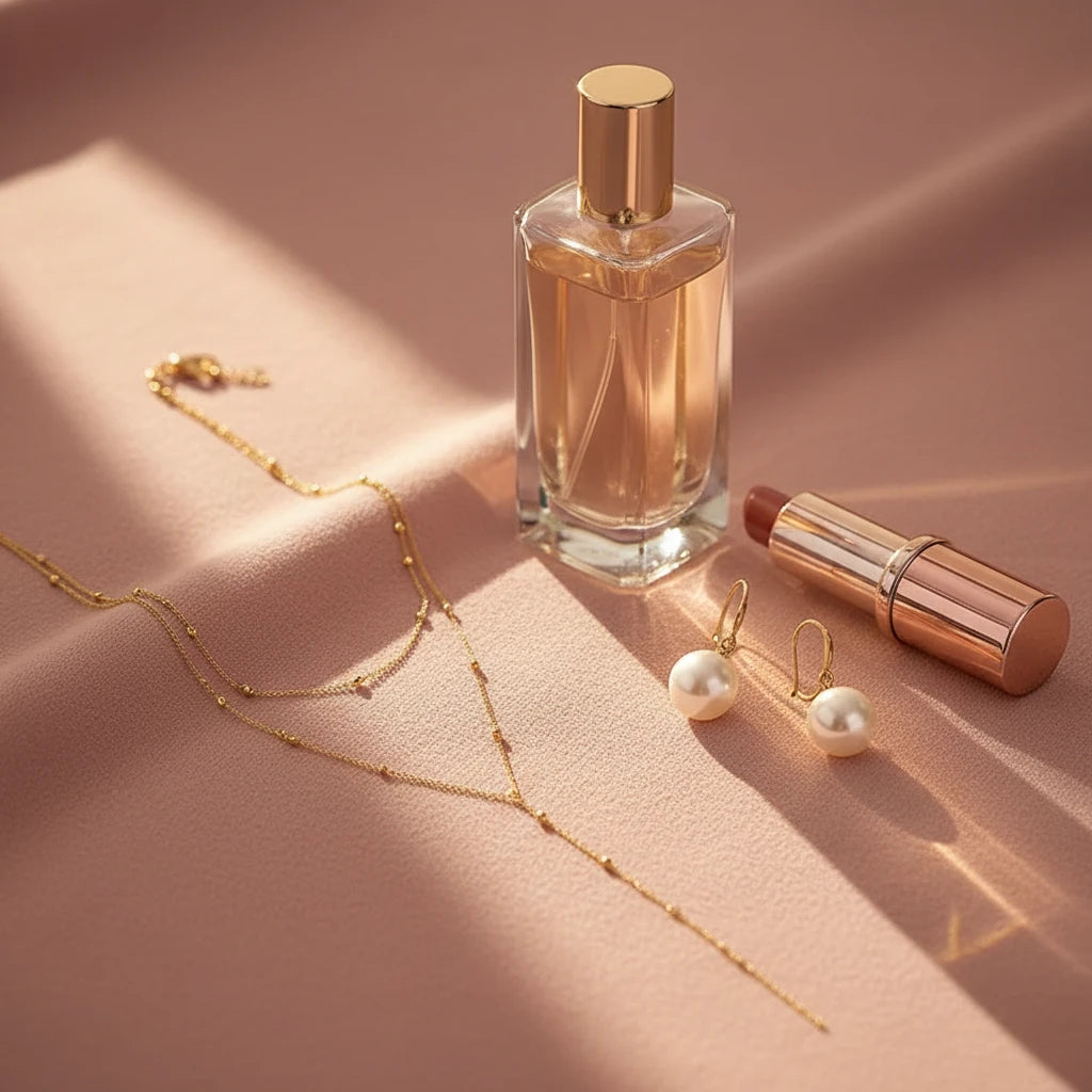 Gold Drop Pendant Necklace in gold displayed with pearl earrings, perfume bottle, and lipstick on pink fabric | Oria Jewel