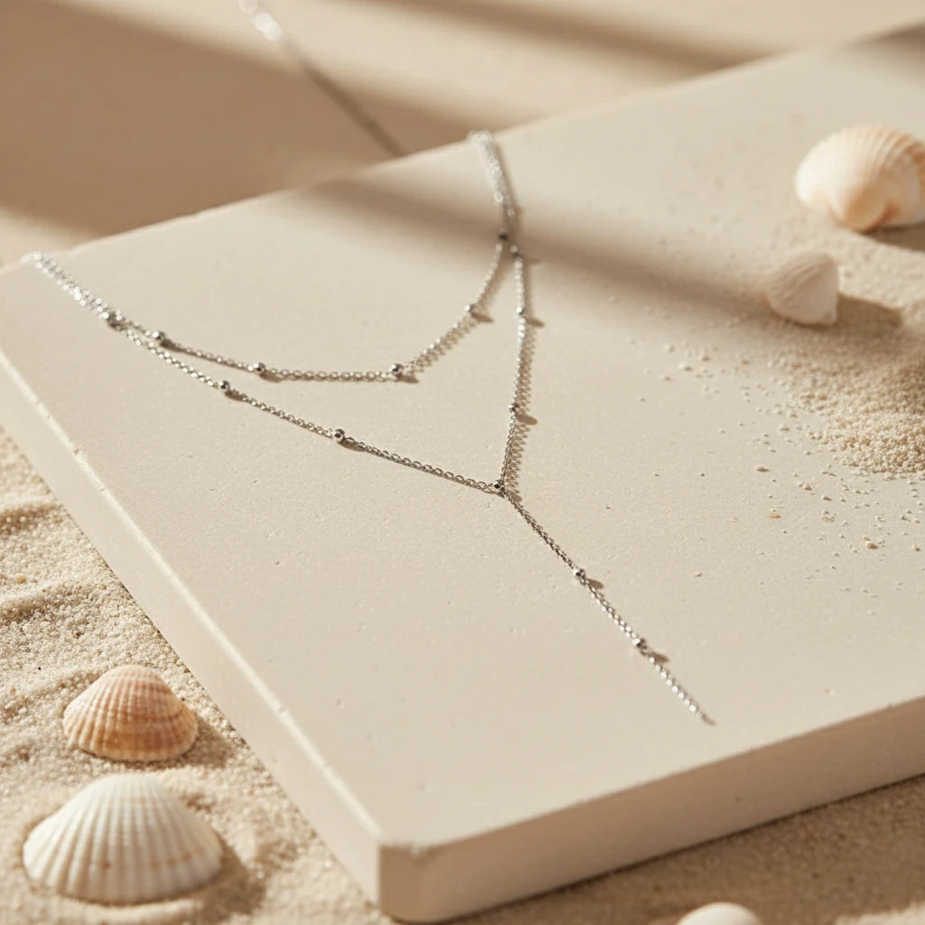 solver variant of Gold Drop Pendant Necklace in silver displayed on sand with seashells for coastal-inspired jewelry aesthetic | Oria Jewel