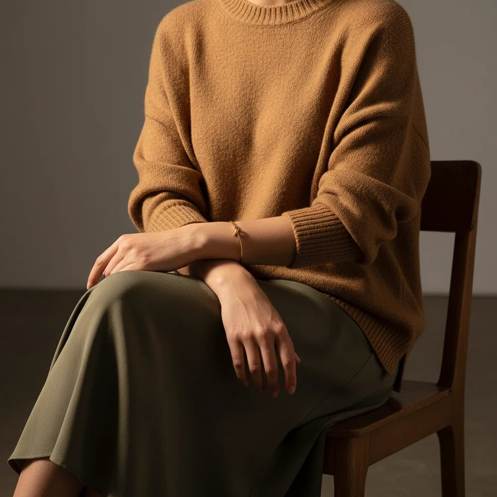 Cozy indoor scene of a woman seated on a chair in a camel sweater and olive skirt, her wrist adorned with a Gold Knot Cuff Bracelet for a warm minimalist look | Oria Jewel