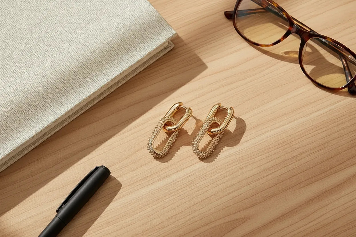 Gold Link Drop Earrings flat lay on wooden desk with glasses and pen | OriaJewel