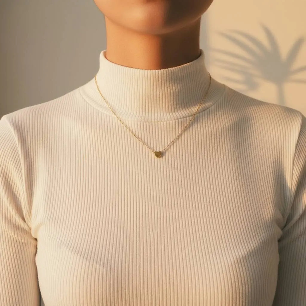 Woman in elegant black off-shoulder dress at evening bar wearing dainty Gold Love Pendant Necklace | Oria Jewel