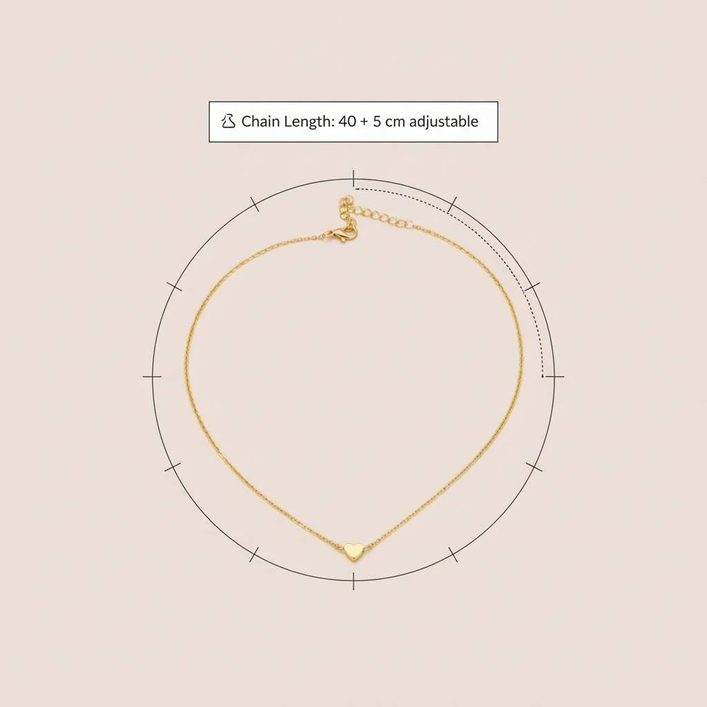 Gold Love Pendant Necklace size guide showing 40 + 5 cm adjustable chain length on minimal beige background | Oria Jewel
