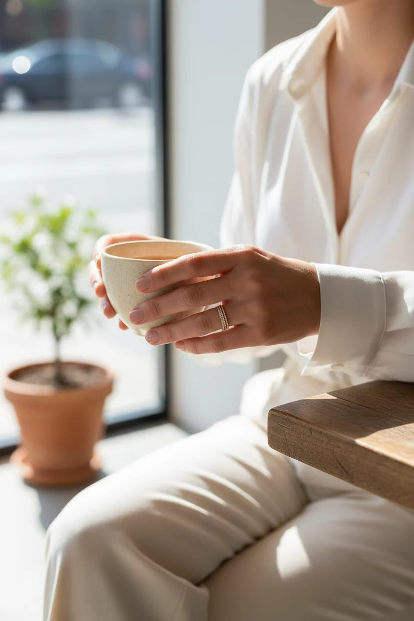 Cozy café-style moment featuring a person holding a coffee cup while wearing a minimal stacked Gold Midi Ring Set by a bright window | OriaJewel