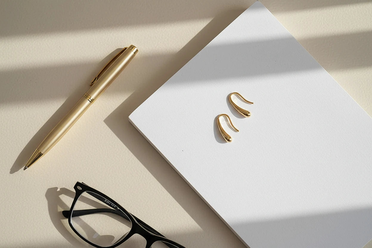 Gold Minimal Teardrop Hook Earrings flat lay with pen and notebook in sunlight | OriaJewel