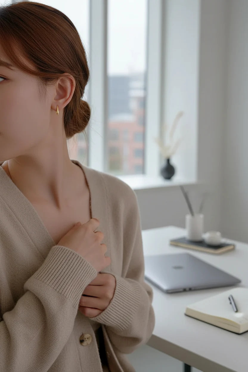 Gold Minimal Teardrop Hook Earrings worn on model in bright window light | OriaJewel