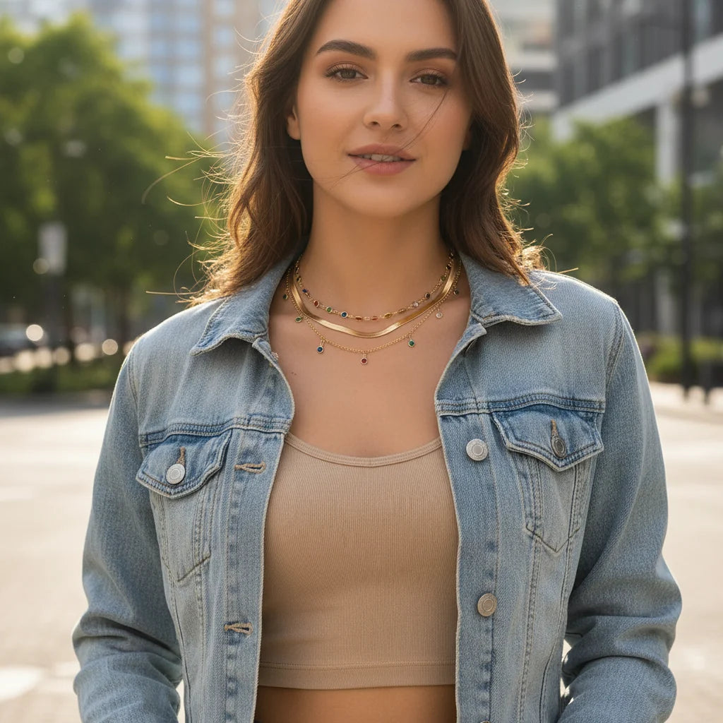 Gold Multilayer Choker Necklace worn by a woman in a denim jacket on a city street | Oria Jewel