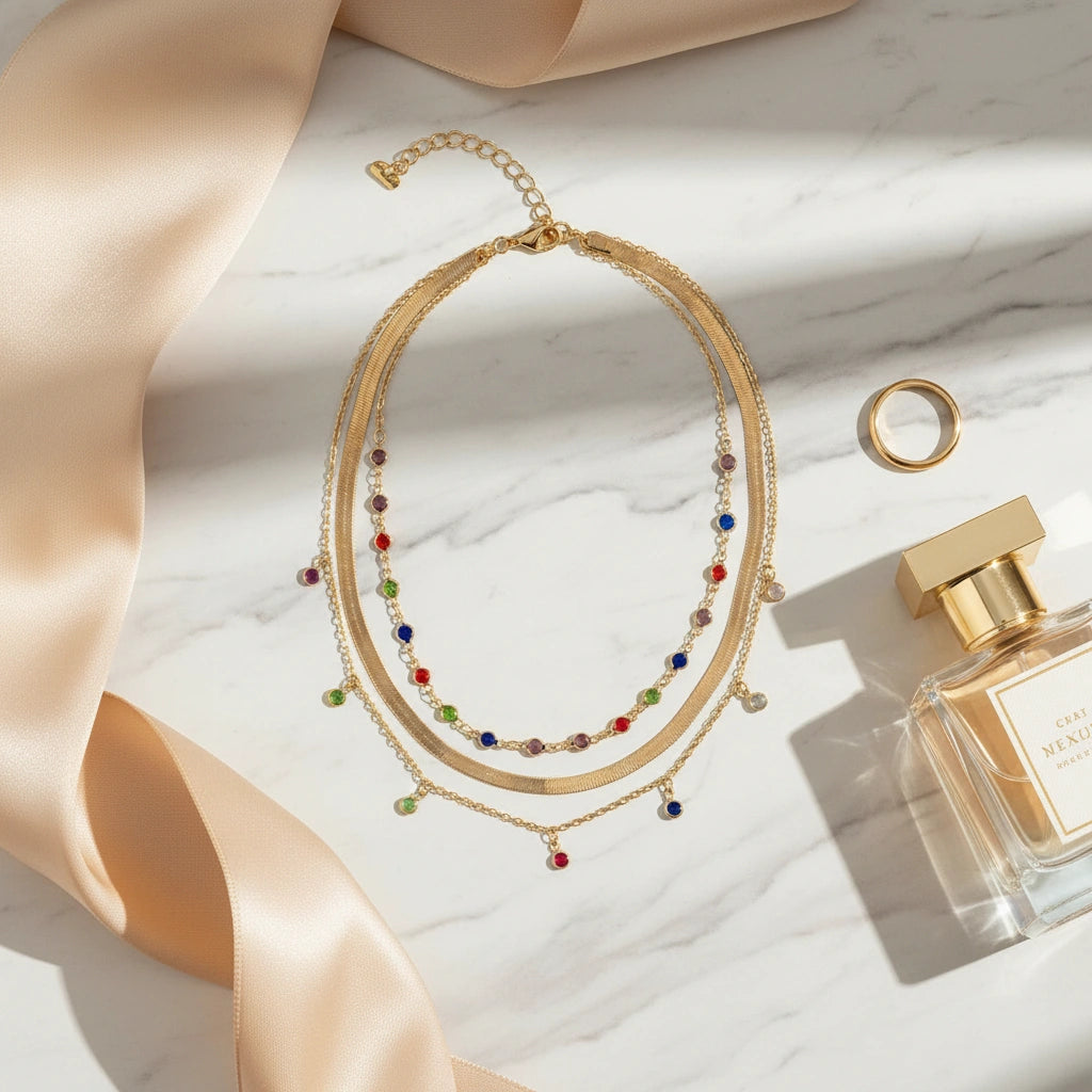Gold Multilayer Choker Necklace displayed on marble surface with colorful beads, silk ribbon, and perfume | Oria Jewel