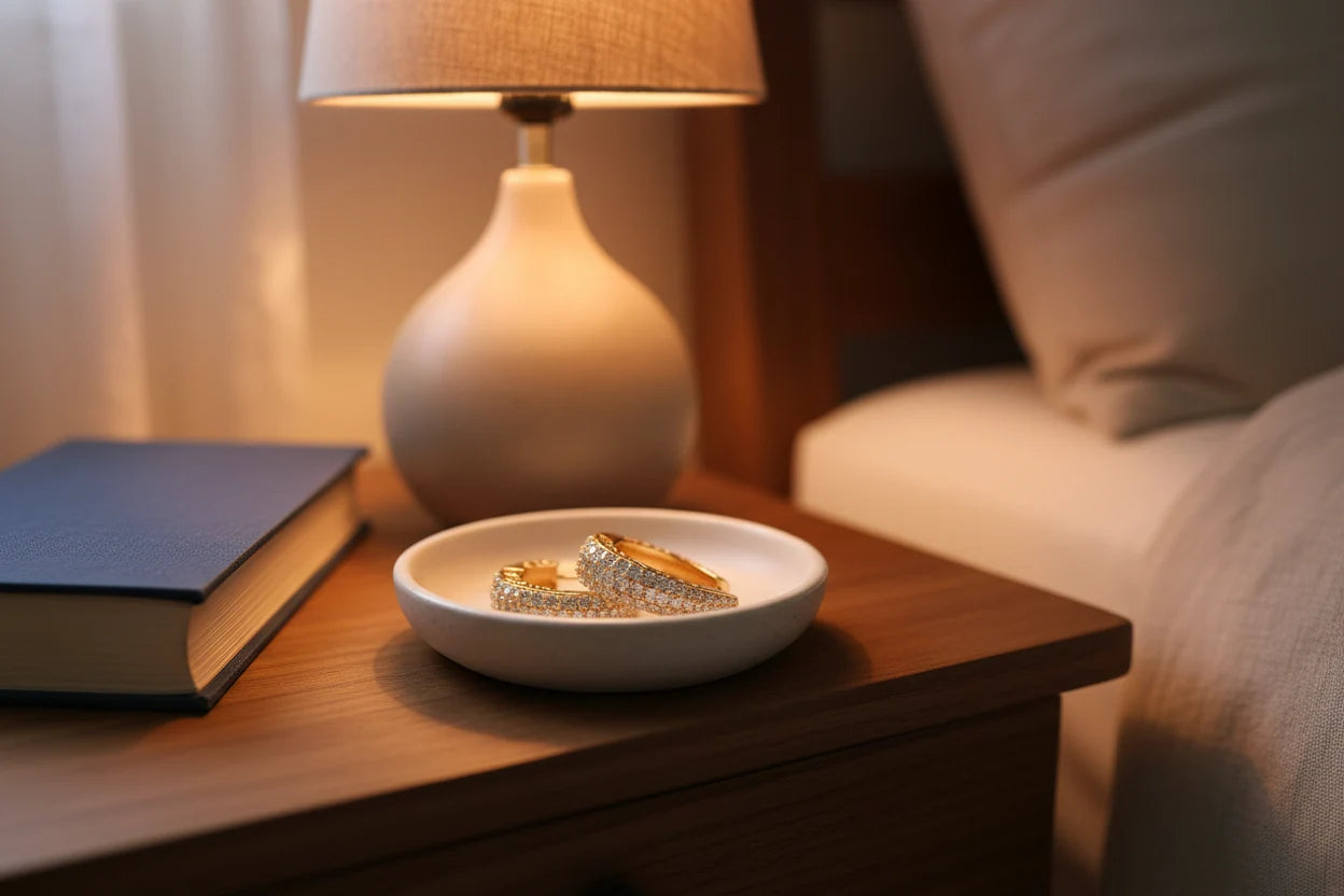 Gold Pavé Huggie Hoop Earrings on bedside dish with lamp glow | OriaJewel