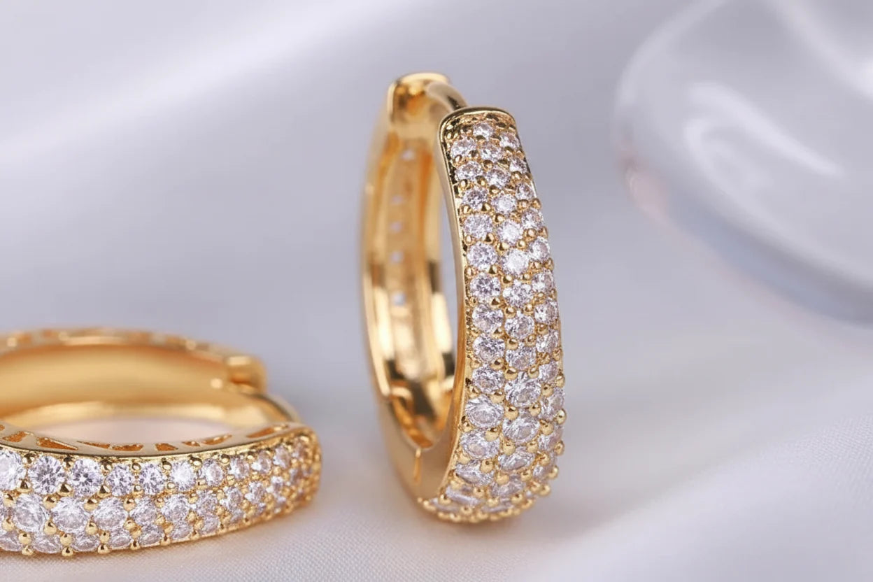 Gold Pavé Huggie Hoop Earrings close-up with sparkling pavé detail | OriaJewel