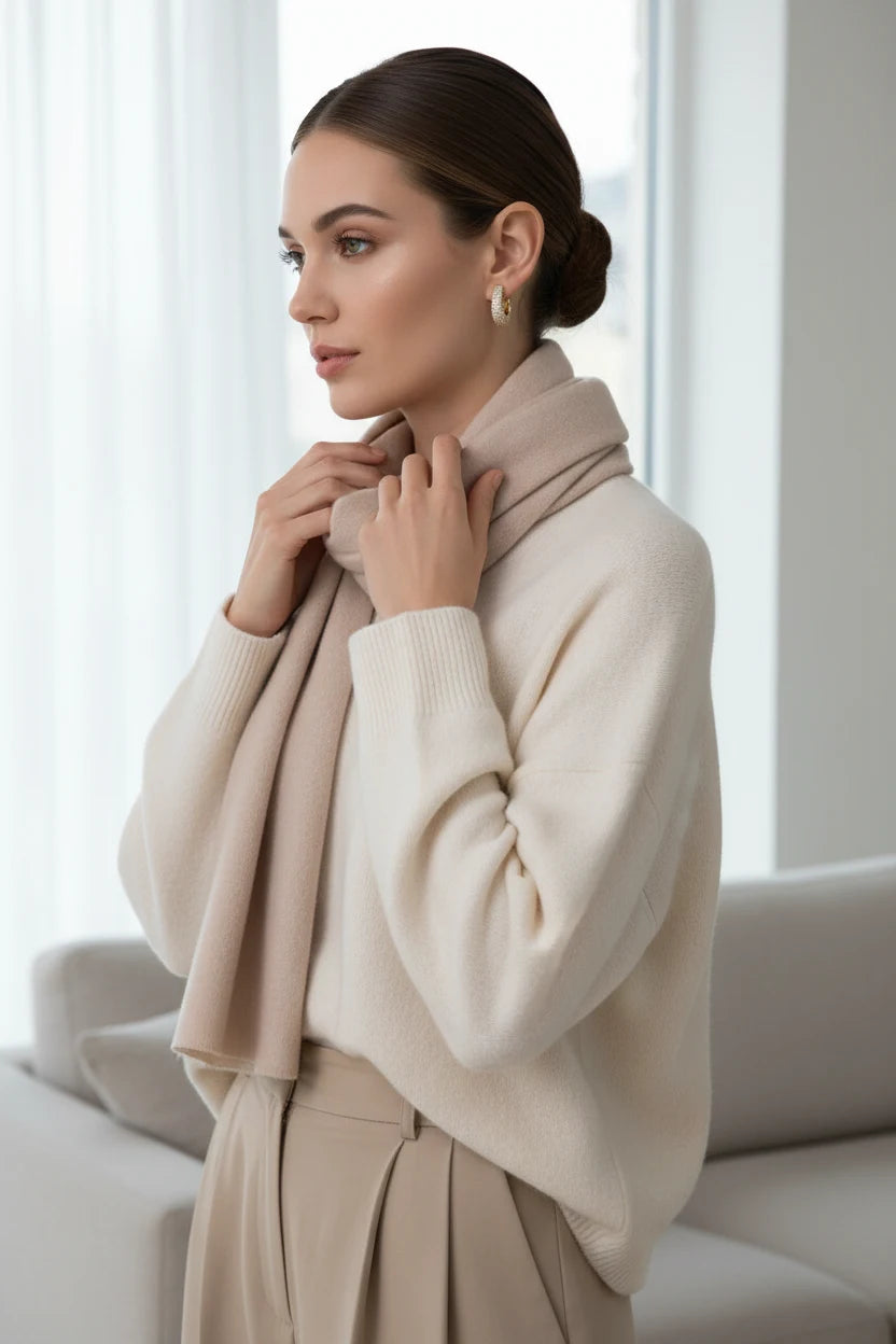 Gold Pavé Huggie Hoop Earrings worn on model with soft scarf | OriaJewel