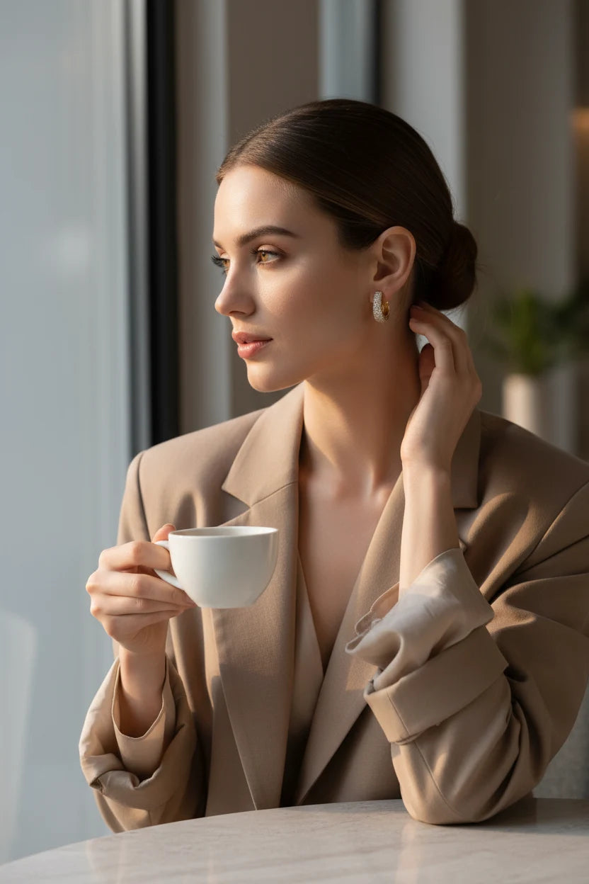Gold Pavé Huggie Hoop Earrings worn on model holding coffee cup | OriaJewel