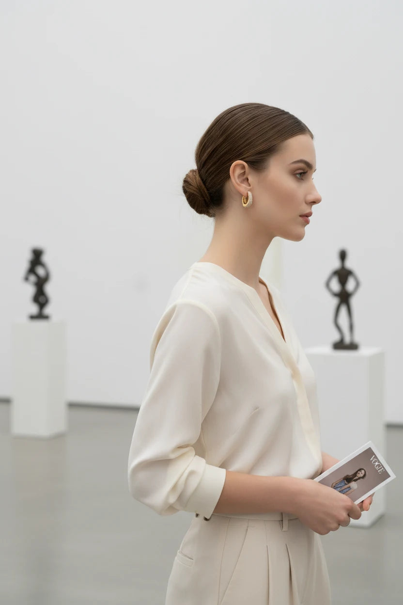 Gold Pavé Huggie Hoop Earrings worn on model in gallery setting | OriaJewel