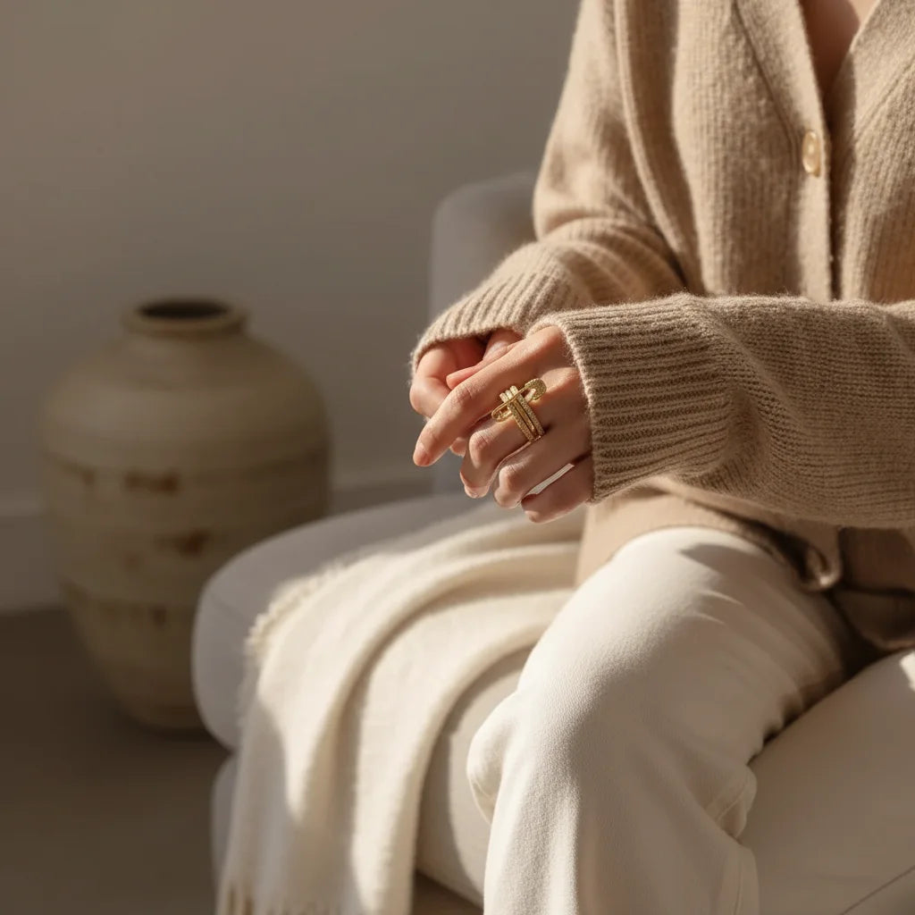 Gold Safety Pin Ring worn in a cozy indoor lifestyle scene, close-up hands with warm knit cardigan, soft sunlight, gold-tone pavé bands with safety pin motif and pavé heart charm | OriaJewel