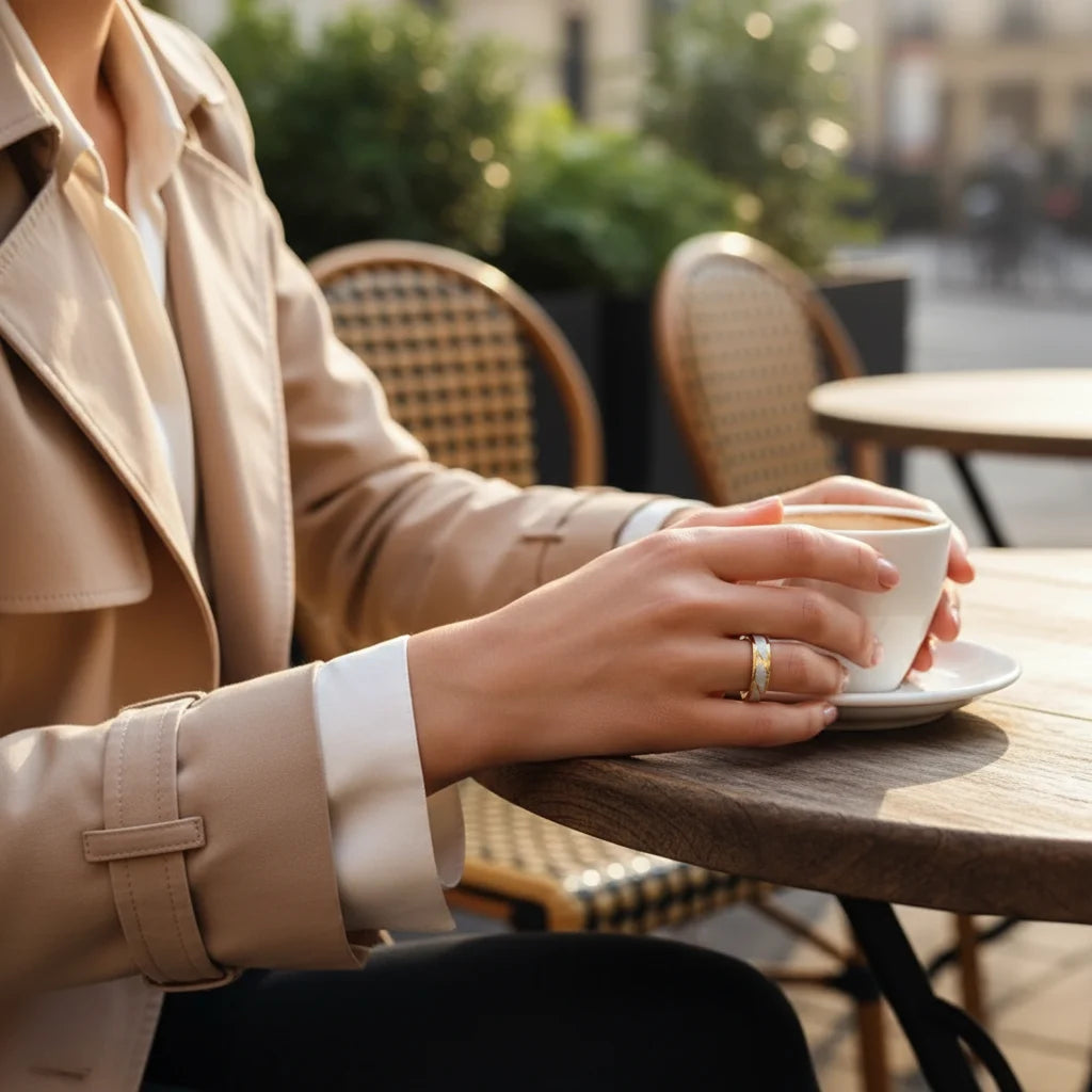 Outdoor café lifestyle shot with a hand holding a white cup, wearing a Gold Silver Two Tone Band Ring, soft golden daylight and blurred seating background | OriaJewel