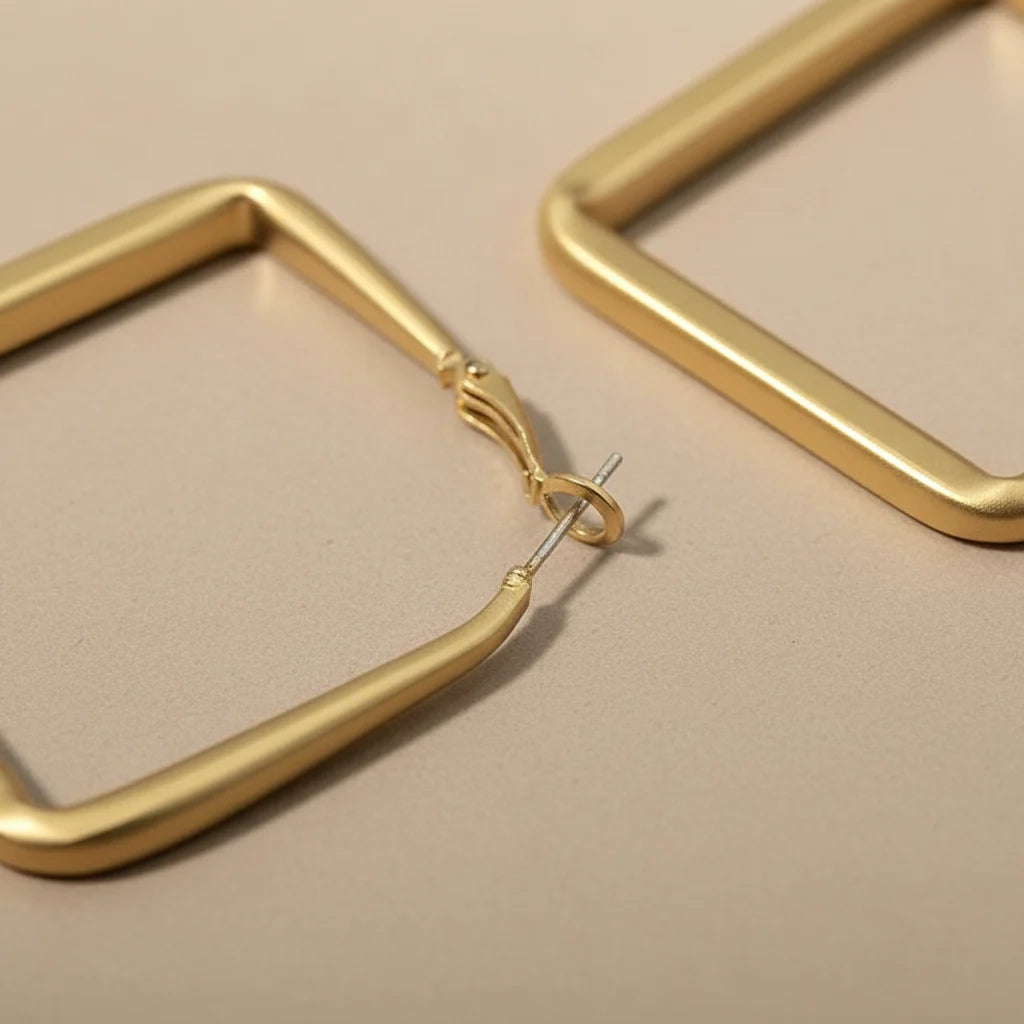 Gold Square Hoop Earrings clasp and post close-up macro detail | OriaJewel
