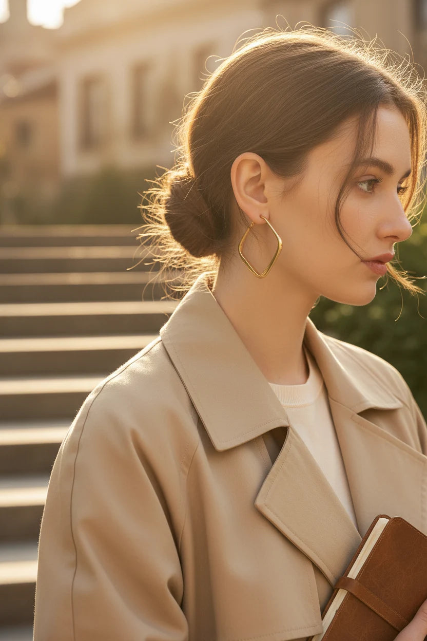 Gold Square Hoop Earrings worn outdoors in golden hour portrait | OriaJewel