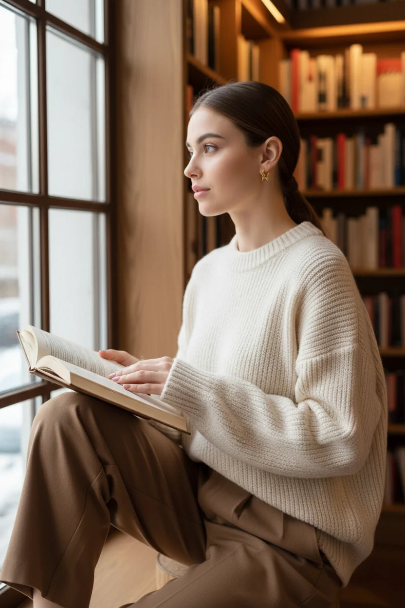 Gold Star Huggie Hoop Earrings worn by model reading by window | OriaJewel