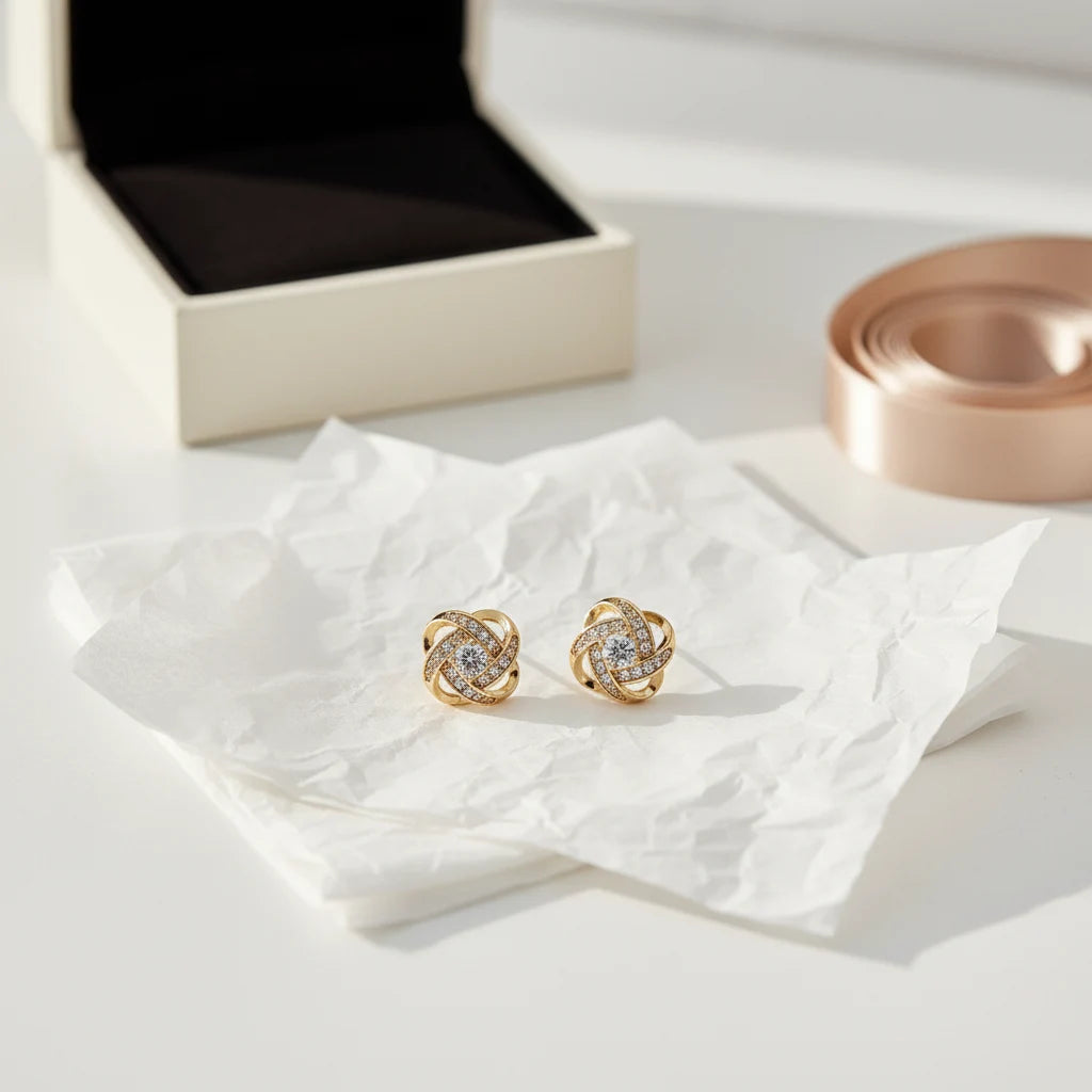 Gold Tone Knot Halo Stud Earrings gift flat lay on tissue paper | OriaJewel