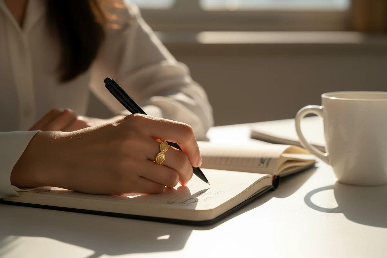 Gold beaded marquise ring on a hand writing in a notebook beside a white mug, bright window light creating clean shadows on the desk | OriaJewel