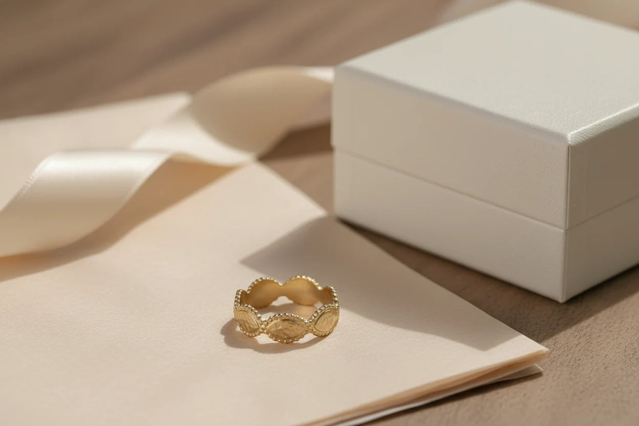 Gold beaded marquise ring on a cream envelope with a satin ribbon and a small white jewelry box, elegant gift-style composition with warm highlights | OriaJewel