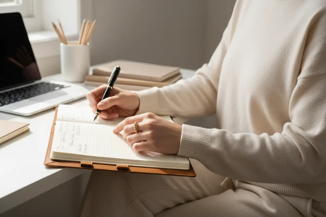 Cozy home-office lifestyle shot of hands writing in a notebook, wearing the Gold beaded stackable ring on the finger, soft window daylight, neutral styling, and a laptop in the background | OriaJewel