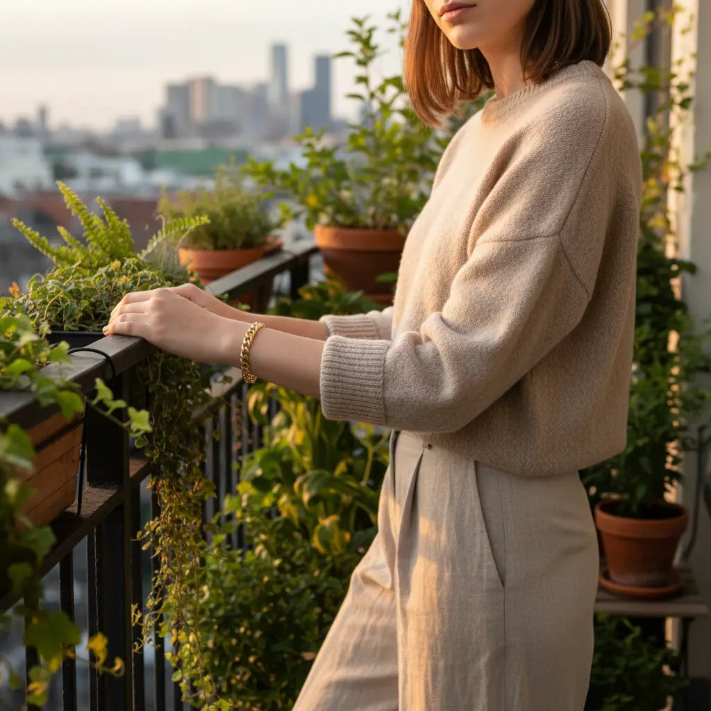 Woman in a cozy beige sweater standing on a balcony surrounded by green plants at sunset, showcasing a Gold chain bracelet that glows in the warm evening light | Oria Jewel