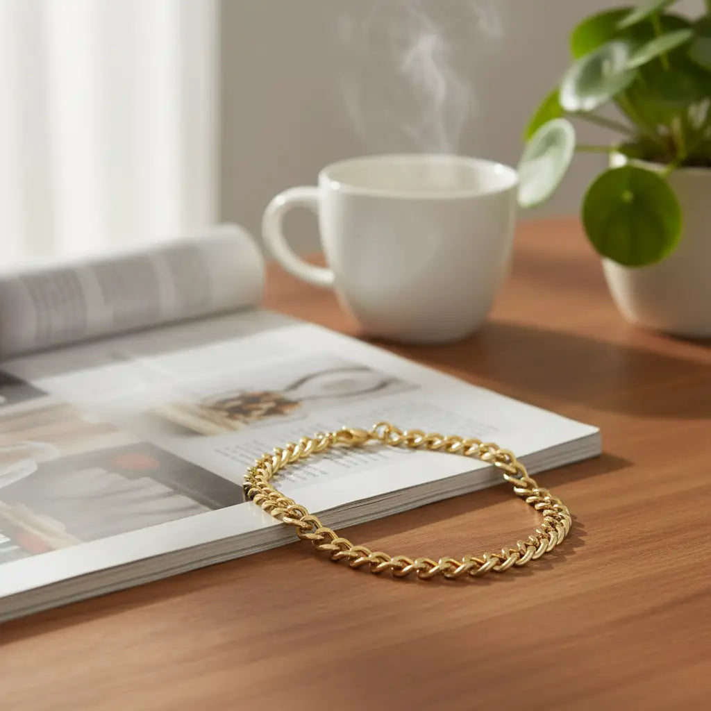 Gold chain bracelet resting on the pages of an open magazine beside a steaming white mug and small plant, styled on a wooden table in soft daylight | Oria Jewel