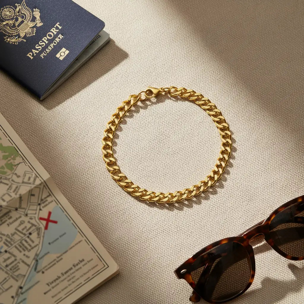 Flat-lay composition of a Gold chain bracelet arranged in a circle on textured fabric next to sunglasses, a passport and a city map, suggesting chic travel style | Oria Jewel