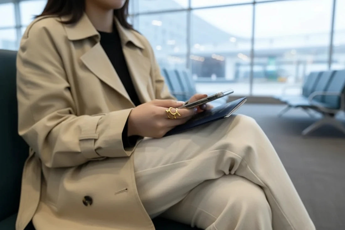 Lifestyle close-up of a woman seated in an airport lounge holding a smartphone and travel documents, wearing the Gold organic shape ring on her finger with soft natural light and blurred terminal background | OriaJewel