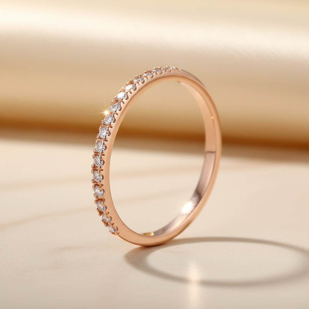 A single sparkling rose gold Sparkle Stacking Ring Set with diamonds on beige | Oria Jewel