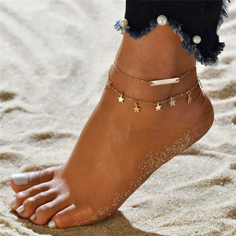 Adjustable Boho Double Layer Anklet styled with sandals | Oria Jewel