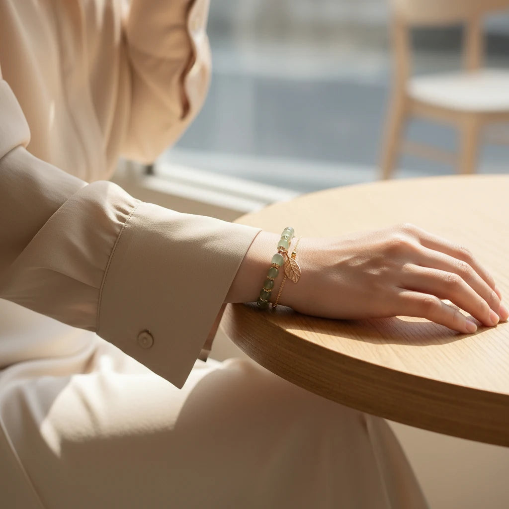Woman wearing a Jade Leaf adjustable charm bracelet while relaxing at a cafΓ© table, soft beige outfit complementing the gold details | Oria Jewel