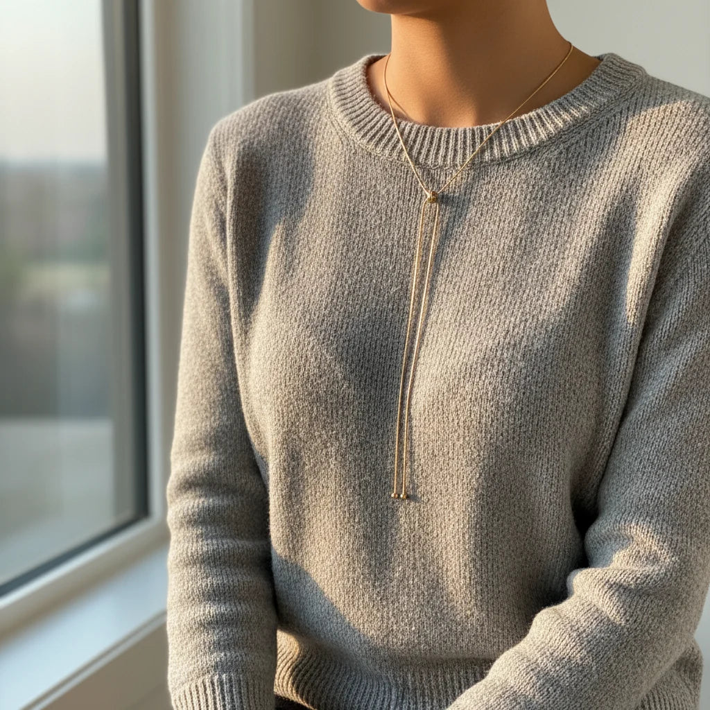 Close-up of woman wearing a Kpop Snake Pendant Necklace with a cozy grey sweater near a window | Oria Jewel