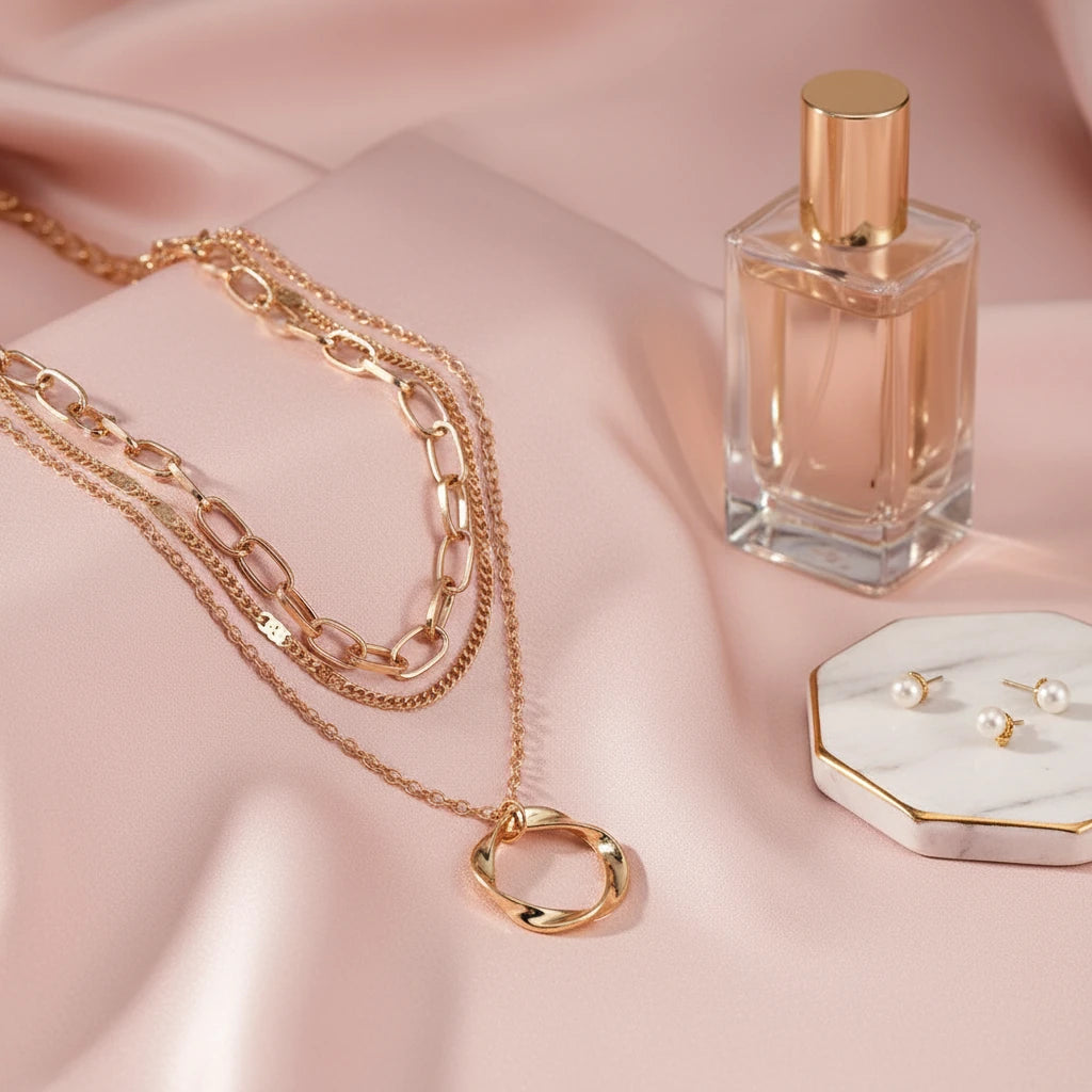 Layered Choker Necklace in gold displayed on pink satin beside perfume bottle and pearl earrings for elegant styling | Oria Jewel