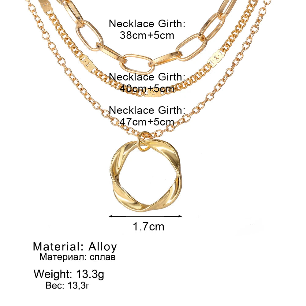 Layered Choker Necklace in gold with pendant and measurement chart showing necklace girth and material details | Oria Jewel