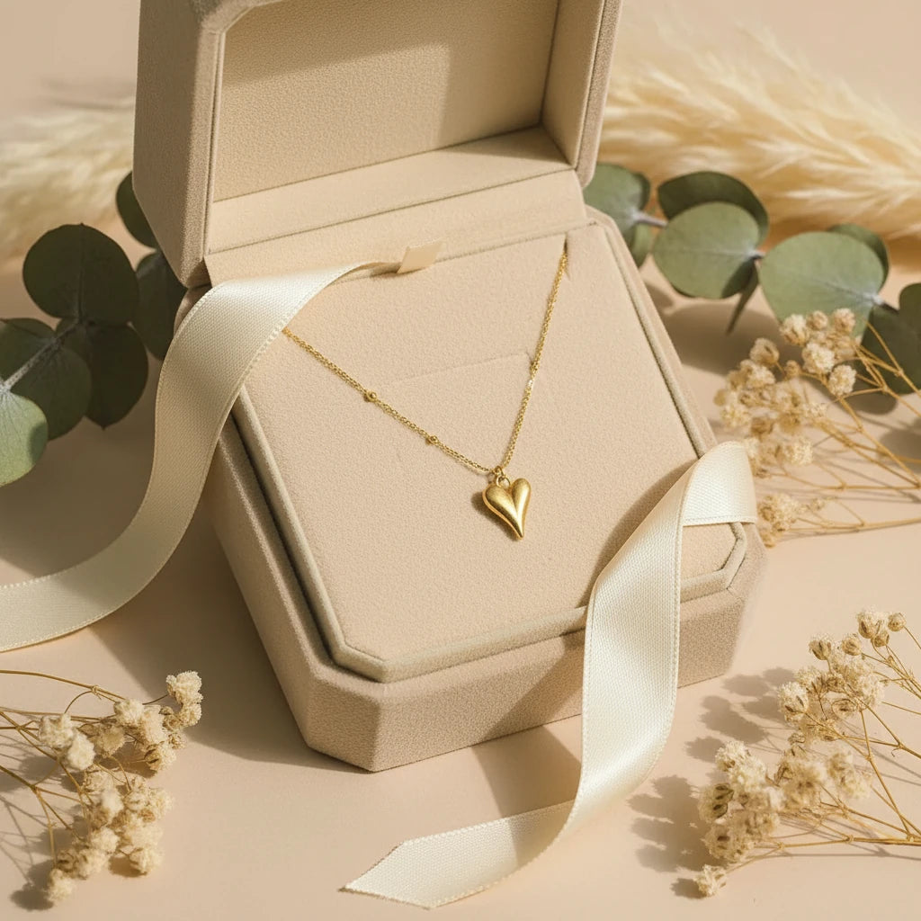 Love Heart Pendant Necklace displayed in a beige jewelry box with ribbons and flowers β perfect gift presentation | Oria Jewel
