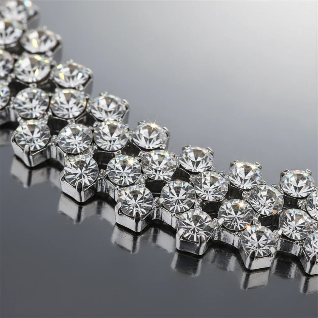 Close-up of Luxury Rhinestone Chain Choker showing brilliant crystal details and reflective shine in silver setting | Oria Jewel