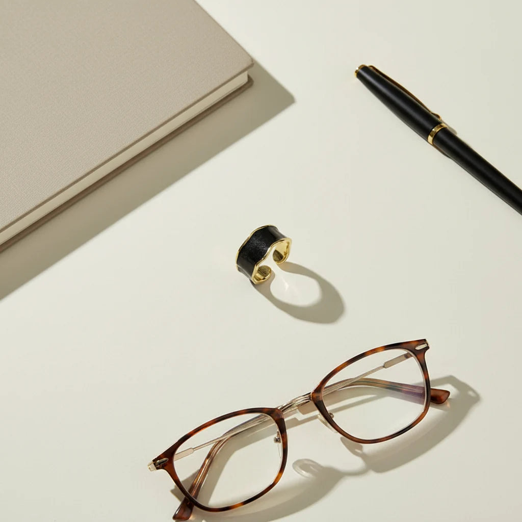 Midnight Black Open Wave Ring flat lay on a light desk with tortoiseshell glasses, pen, and notebook, adjustable black wave band with gold-tone edges | OriaJewel