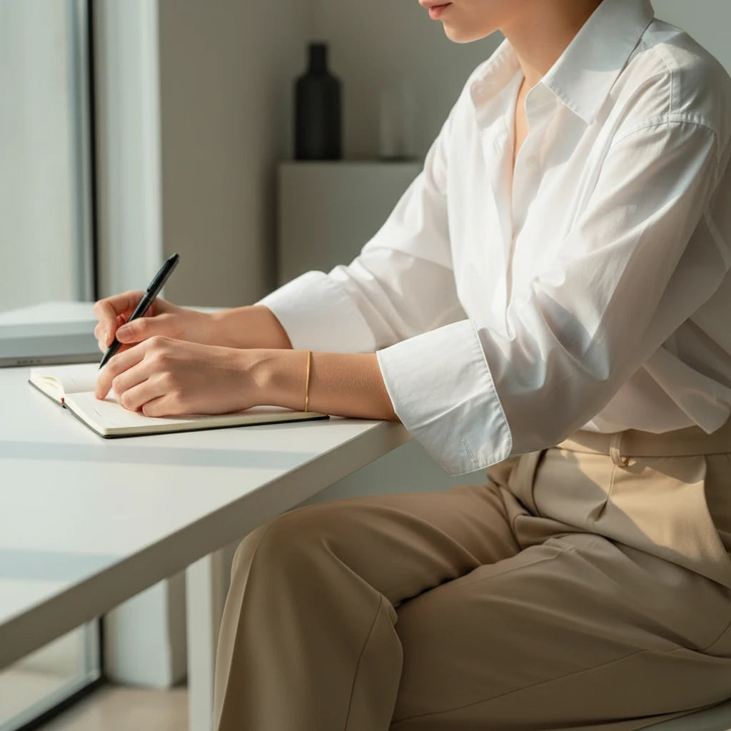 Woman writing in a notebook by a bright window, wearing a Minimalist Gold Chain Bracelet with business-casual outfit | Oria Jewel