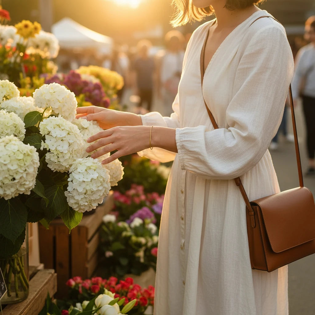 Woman browsing white hydrangeas at an outdoor flower market, her wrist accented by a Minimalist Gold Chain Bracelet | Oria Jewel