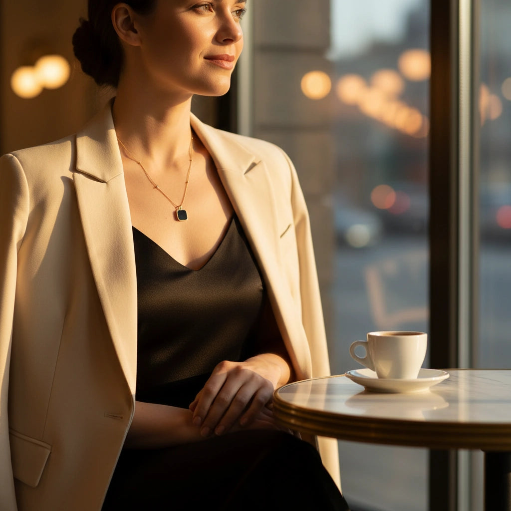 A woman wearing a Minimalist Square Pendant Choker sits at a cafe table with a coffee cup | Oria Jewel