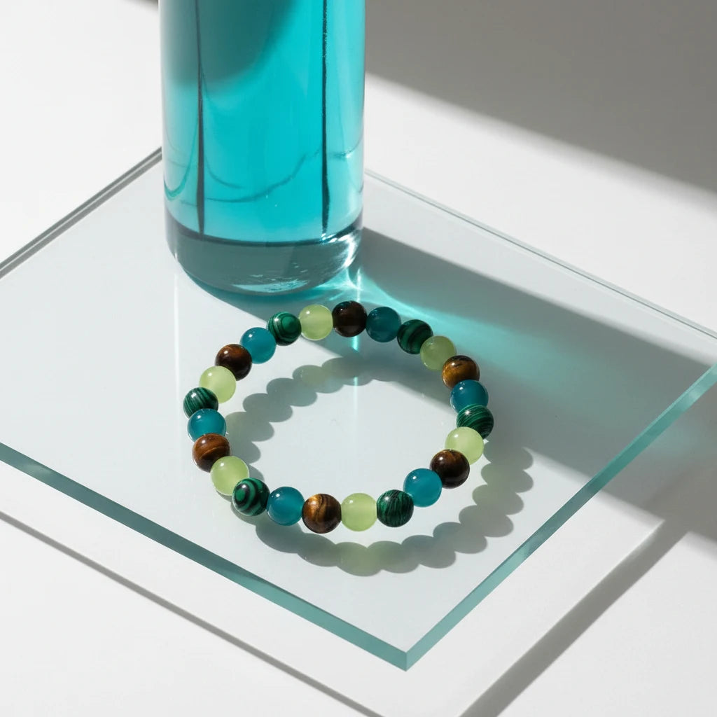 Money Attraction Tigers Eye Bracelet displayed on a clear glass platform beside a tall teal glass bottle, showing how the polished gemstone beads glow under direct light | Oria Jewel