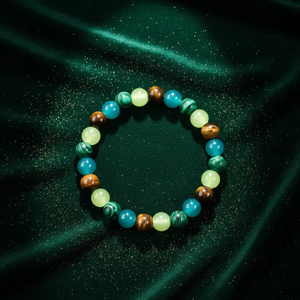 Money Attraction Tigers Eye Bracelet styled on deep emerald green satin sprinkled with fine golden glitter, giving a luxurious abundance and prosperity feel | Oria Jewel