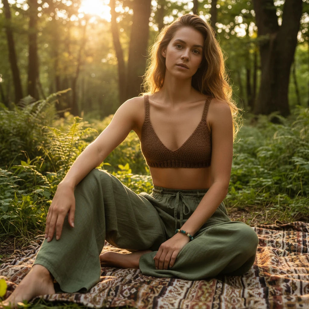 Boho-chic woman sitting on a patterned blanket in a sunlit forest clearing, gently resting her hand on her knee to showcase the Money Attraction Tigers Eye Bracelet | Oria Jewel