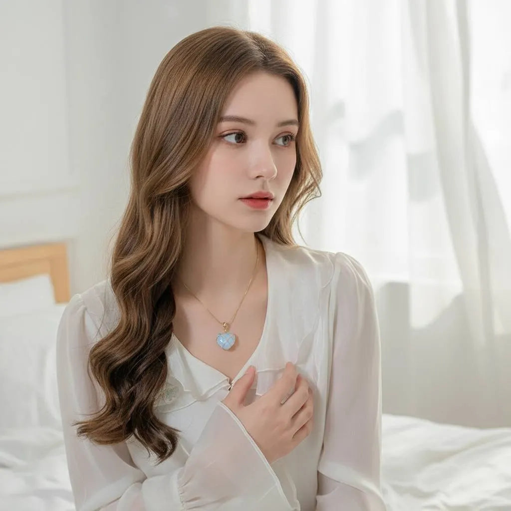 Woman in white blouse sitting by window wearing blue Natural Moonstone Pendant | Oria Jewel