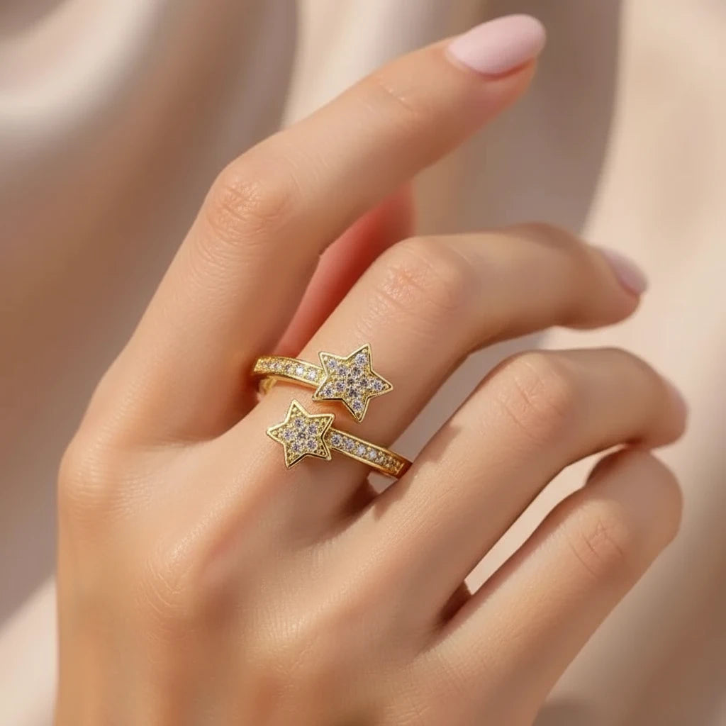 Pavé Double Star Open Ring worn on a hand, gold-tone open band with two pavé crystal star tips and shimmering pavé details on the shank | OriaJewel