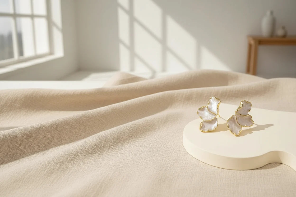 Pearl Petal Statement Stud Earrings on display platform with window shadows | OriaJewel