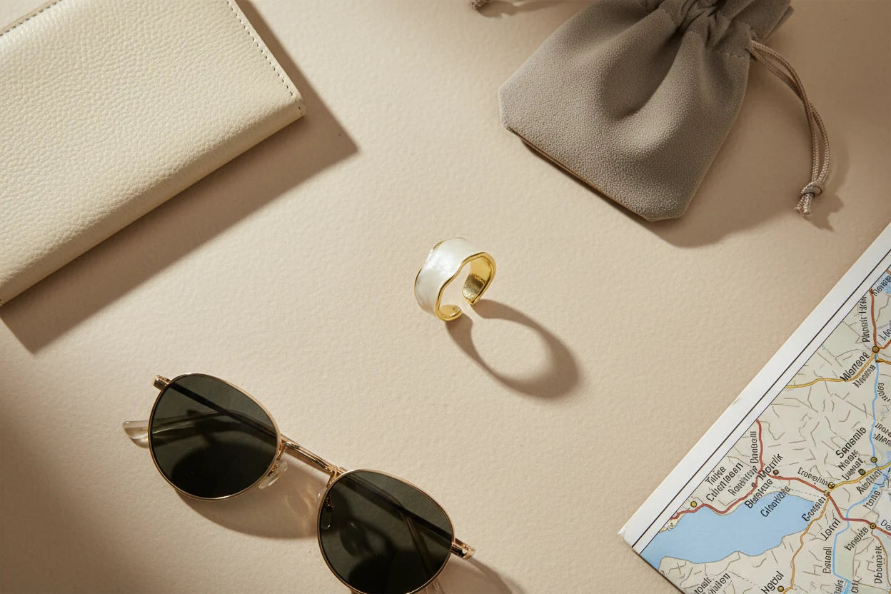 Pearl White Open Wave Ring travel-inspired flat-lay with sunglasses, map corner, and drawstring pouch, centered to show the pearl-white enamel wave band with gold edging | OriaJewel