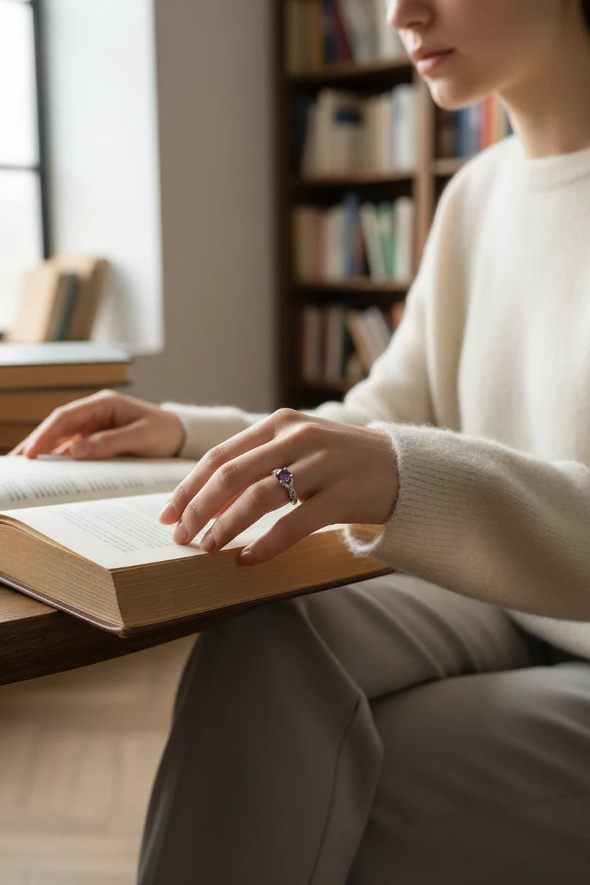 Purple Solitaire Filigree Ring worn on a hand turning pages of an open book in a cozy home library setting, soft daylight. | OriaJewel