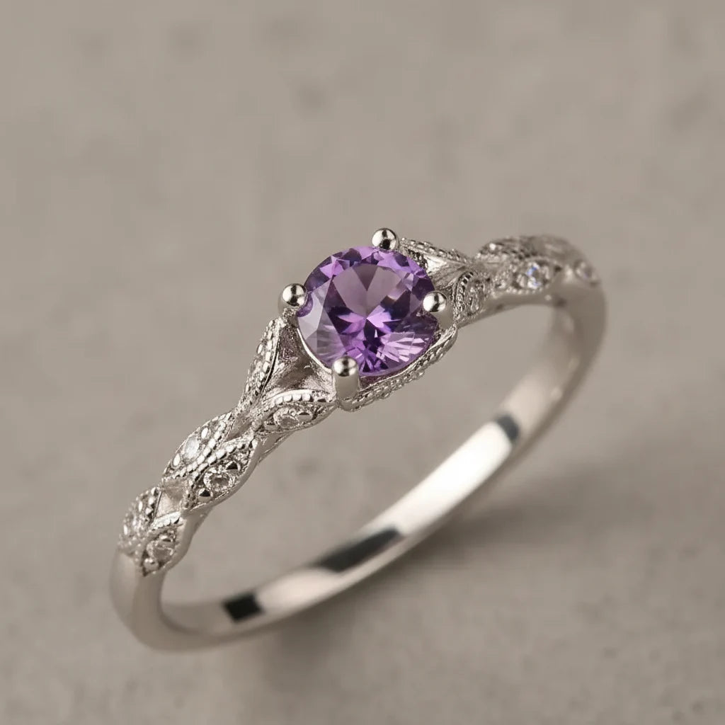 Purple Solitaire Filigree Ring close-up showing the round purple center stone in prongs and detailed silver filigree band, crisp macro detail. | OriaJewel